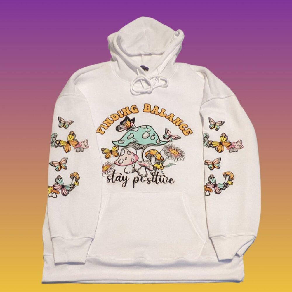 Faded Rose  White Graphic Hoodie Sweatshirt w/ Sleeve Butterflies Sz M